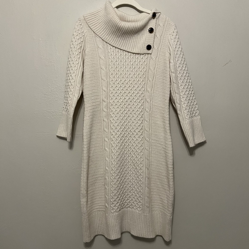 Studio One NY Cozy Cream Bone Turtleneck Sweater‎ Dress Buttons Winter Knit L